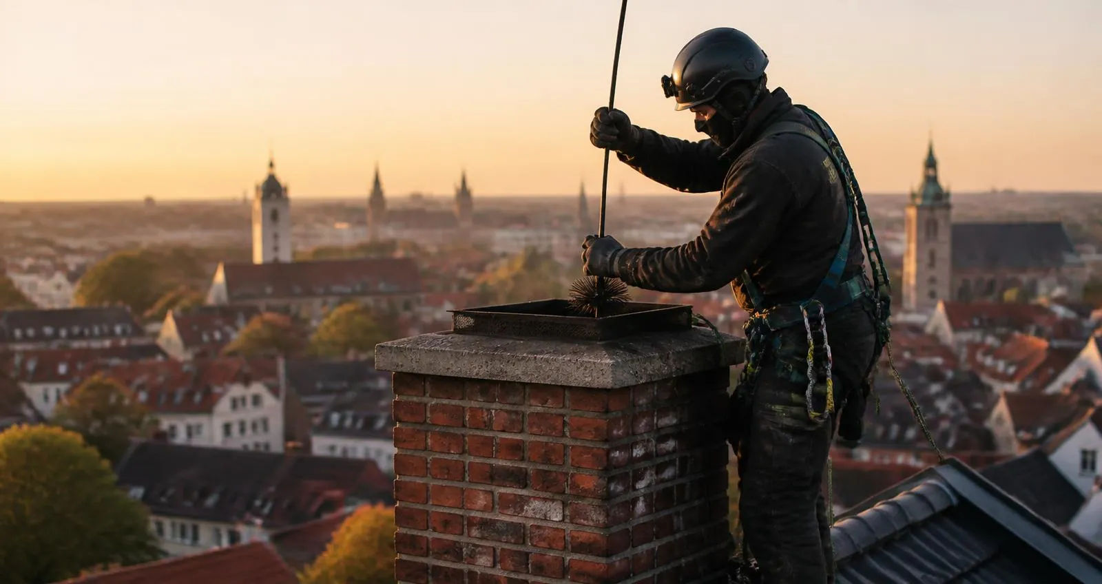 Kominár v pracovnom odeve pri murovanom komíne na streche nad mestom